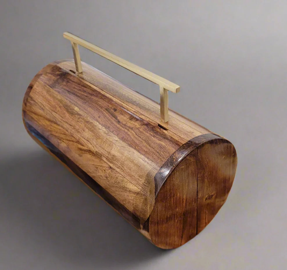 antique inspired wooden barrel clutch brass handle purse