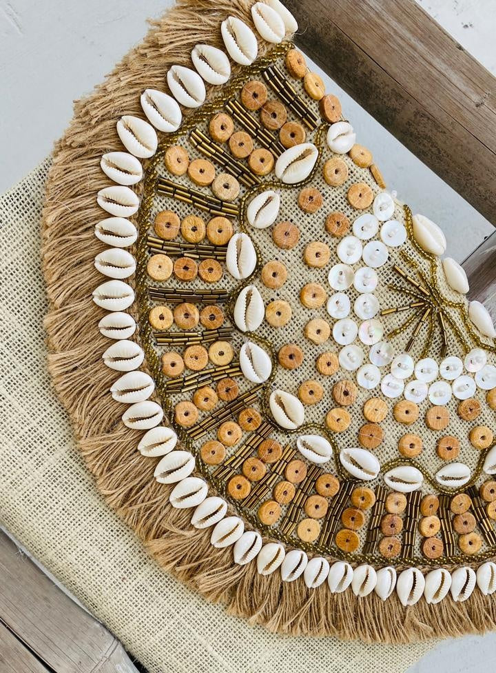 Santorini shell clutch with natural seashell mosaic and gold-plated frame