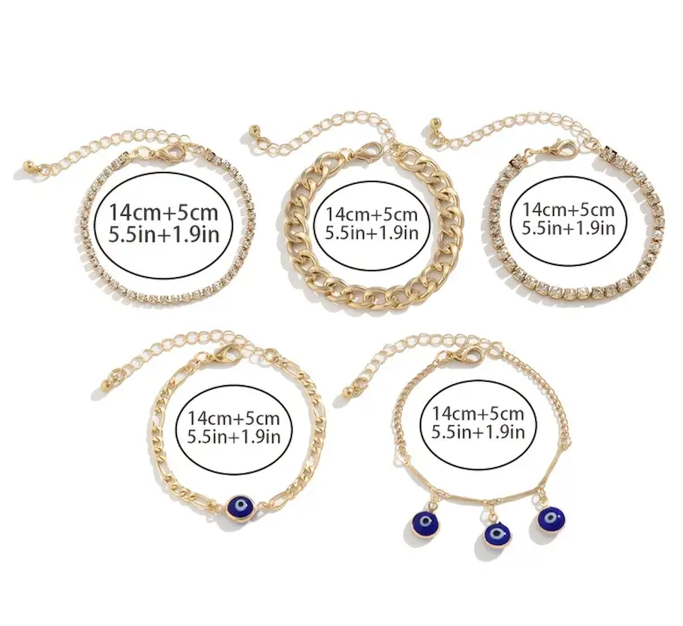 Evil eye bracelet stack — detail view