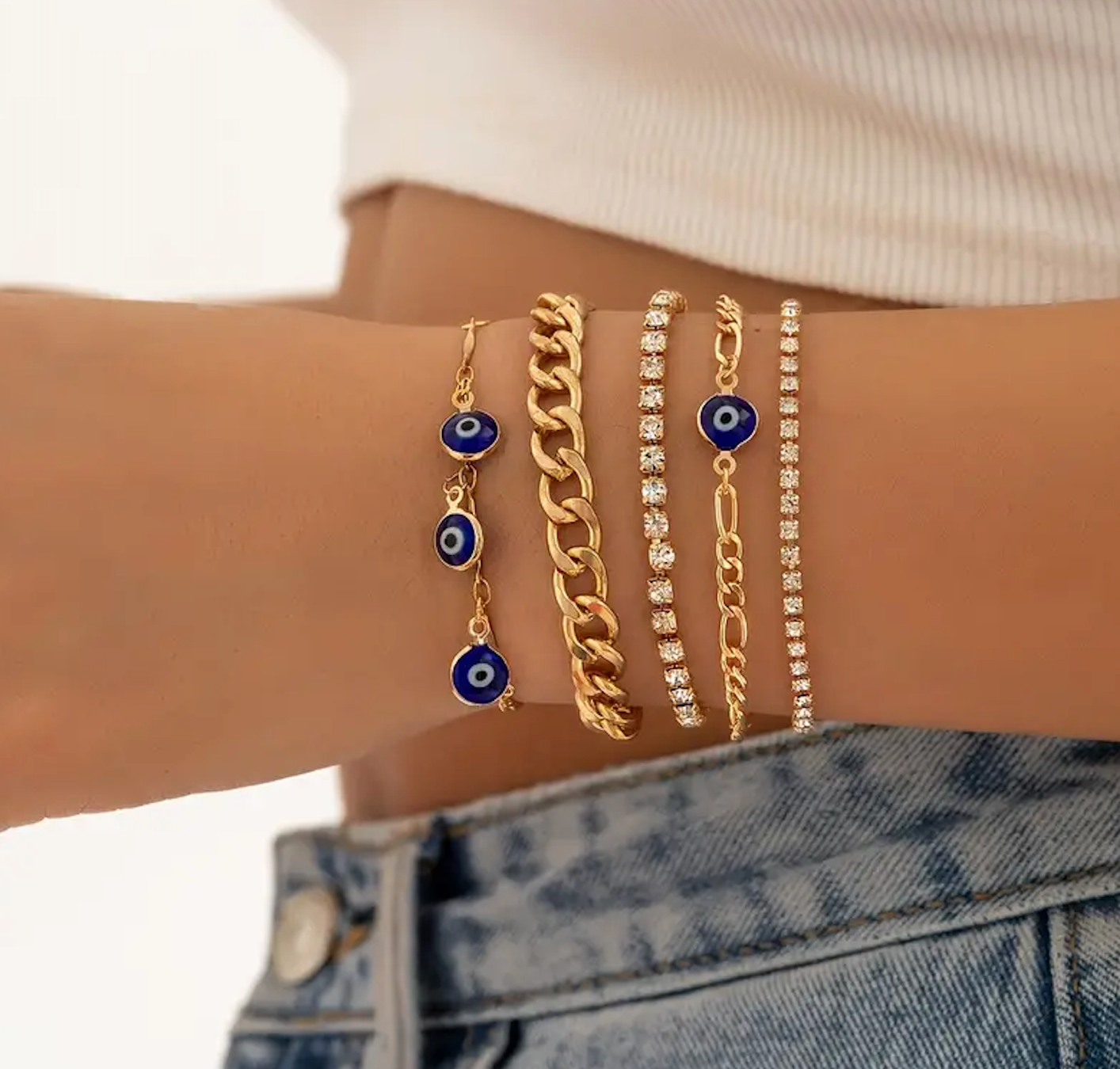 Evil eye bracelet stack — alternate angle